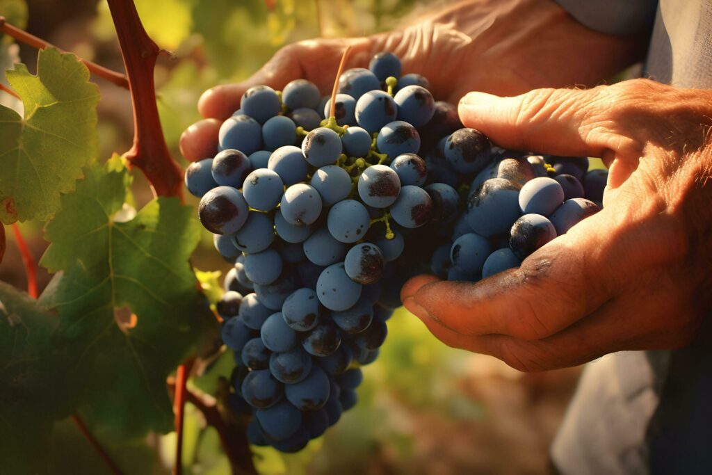 Close up of farmer male hands picking red grape. Organic fruits, harvesting and farming concept. Generated AI. Free Photo