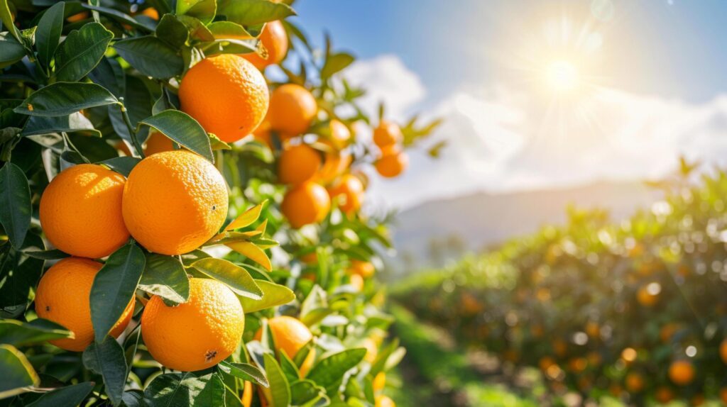 Close-up of oranges growing in an orange grove under bright sun and blue sky generated by AI. Free Photo