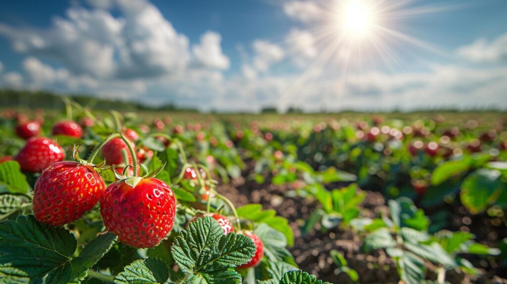 Close-up of strawberries growing in an strawberries grove under bright sun and blue sky generated by AI. Free Photo