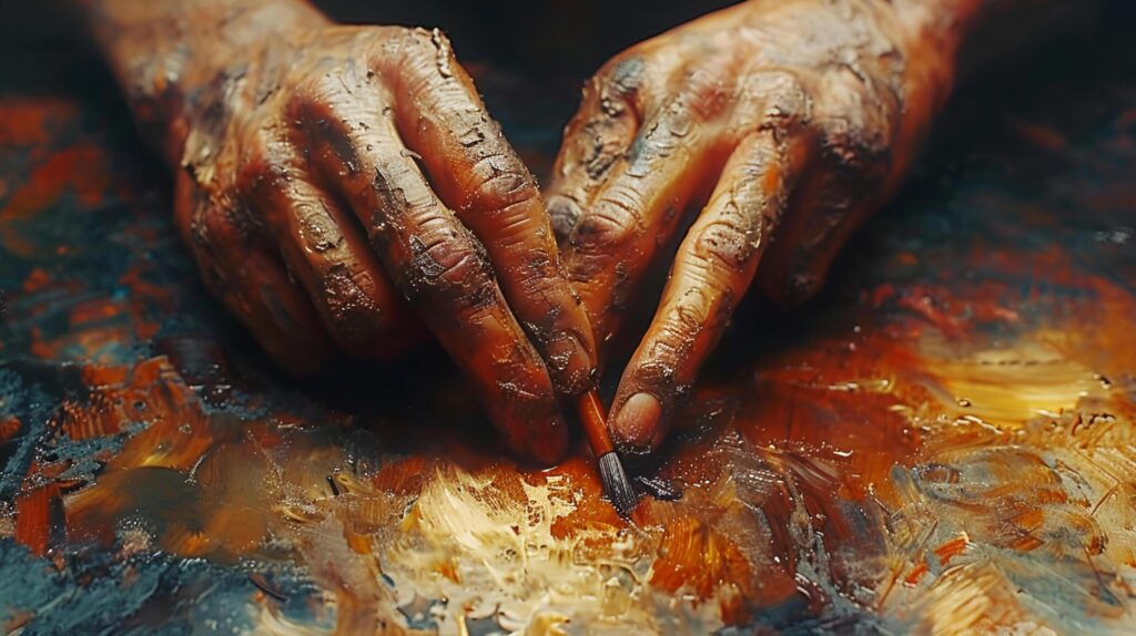 Closed up Human hand drawing and painting art with paintbrush and oil paint on canvas. The creative artist hands are stained with the colors of his creativity. AI-Generated Free Photo