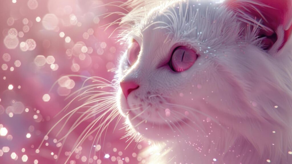 Closeup of a cute white cat with pink eyes against a pink background Stock Free