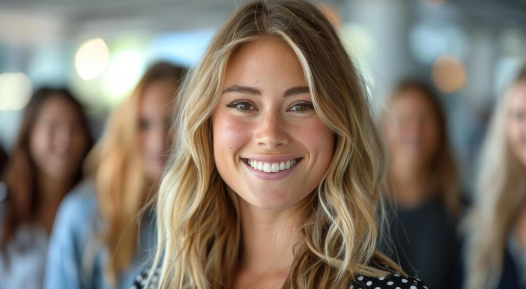 Closeup Portrait of a Smiling Young Woman With Blonde Hair in a Blurry Background Stock Free