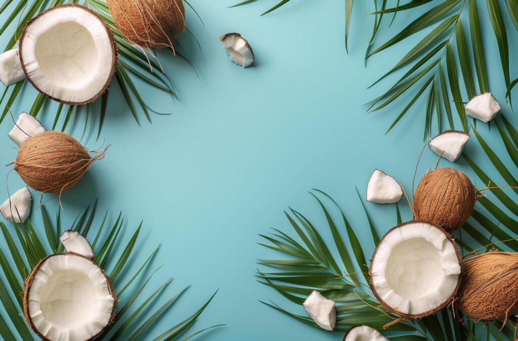 Coconuts and Leaves on Blue Background Stock Free