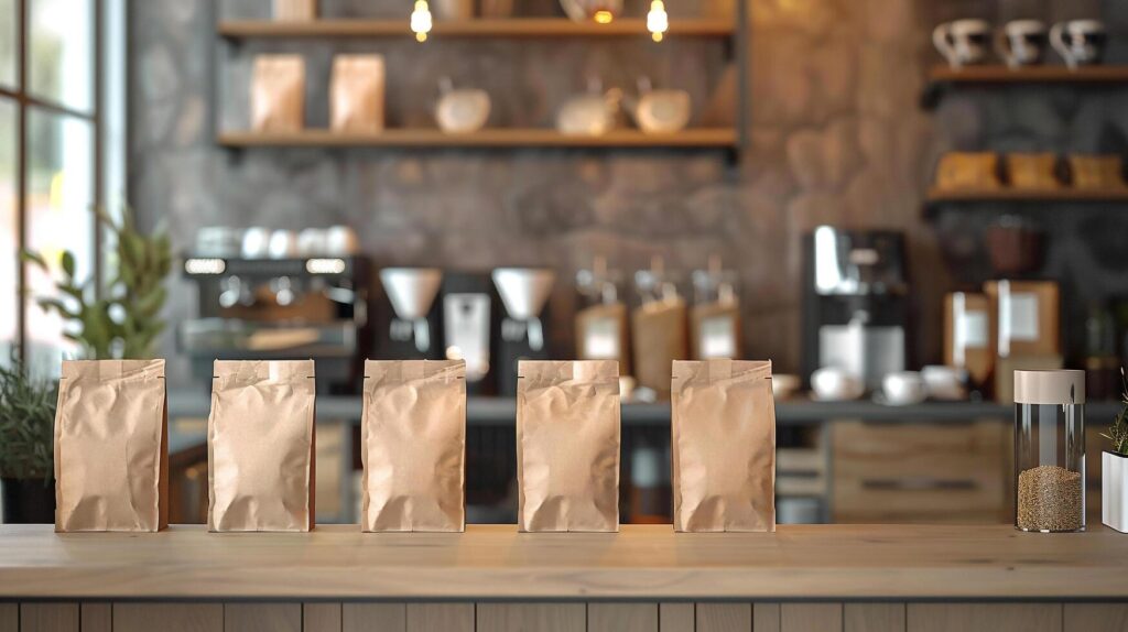 Coffee shop display with blank coffee bag mockup for whole bean coffee in the cafe background Stock Free