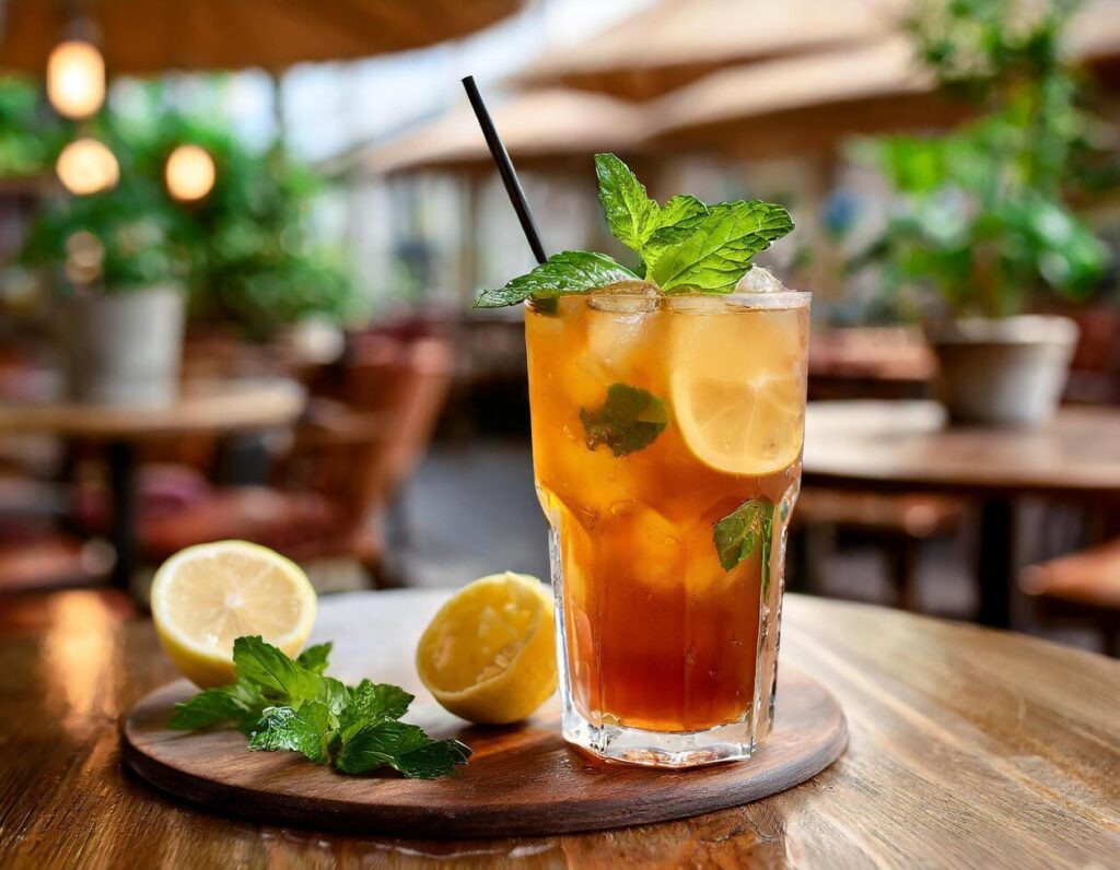 Cold Iced tea with lemon and mint on the table with blurred background Stock Free