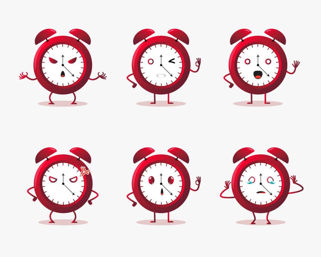 Collection of alarm clock expression vector illustration isolated on white background. Set of alarm clock expression cartoon vector. Flat design alarm clock cartoon vector. Free Vector and Free SVG