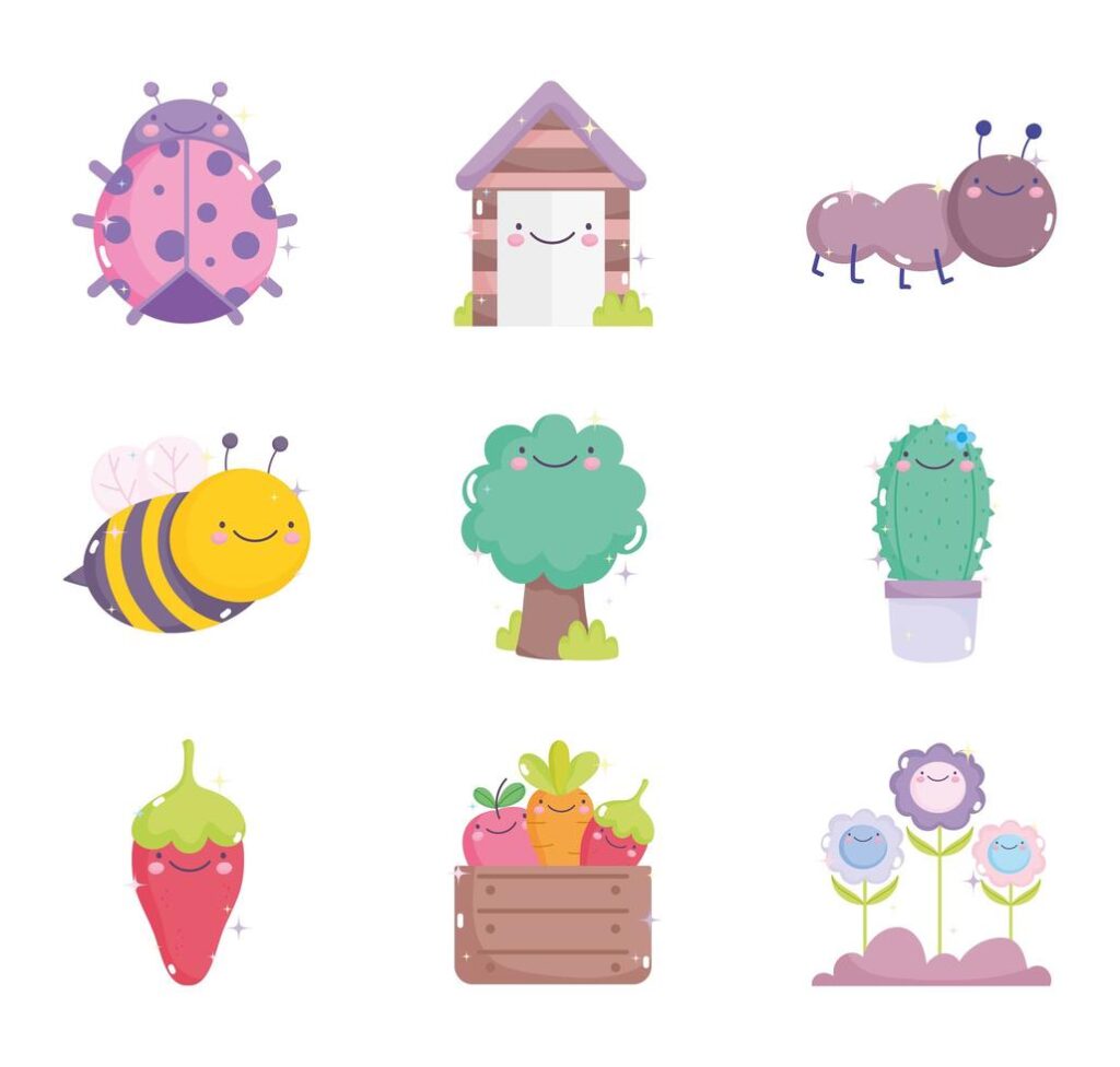 Collection of kawaii gardening icons Stock Free