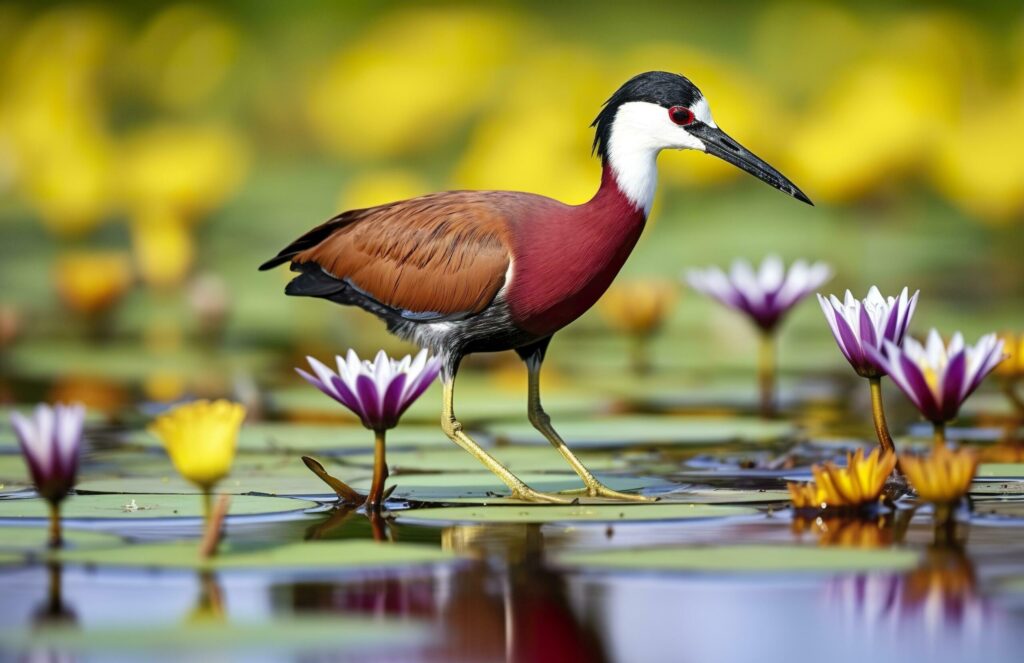 Colorful African wader with long toes next to violet water lily in water. Generative AI Free Photo