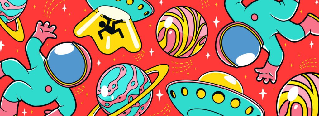 Colorful astronauts, planets on bright background Free Vector