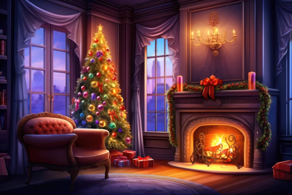 Colorful Christmas Living Room Interior with Christmas Tree Stock Free