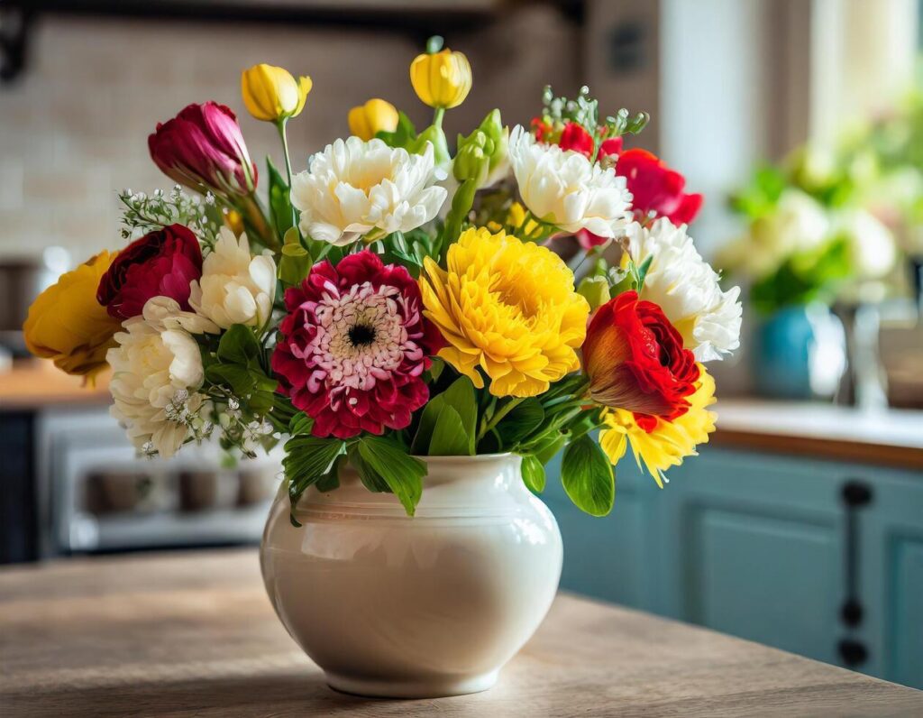 Colorful flowers in a vase with blurred kitchen background Stock Free