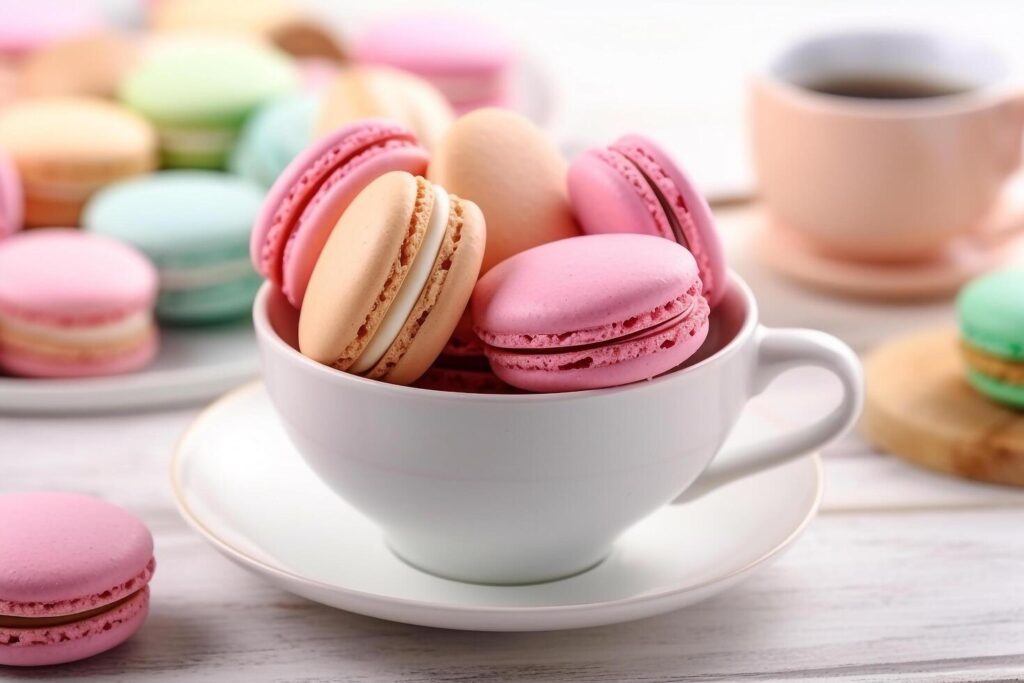 Colorful macarons on white wooden background .. Stock Free