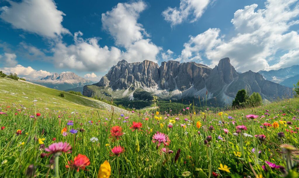 Colorful Meadow Flowers Under Mountain Scenery Stock Free