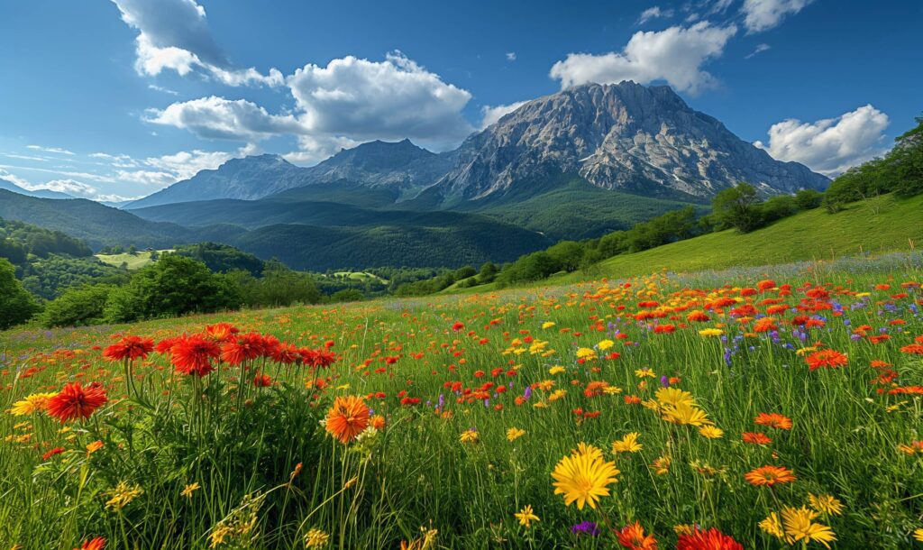 Colorful Meadow Flowers Under the Mountains Stock Free