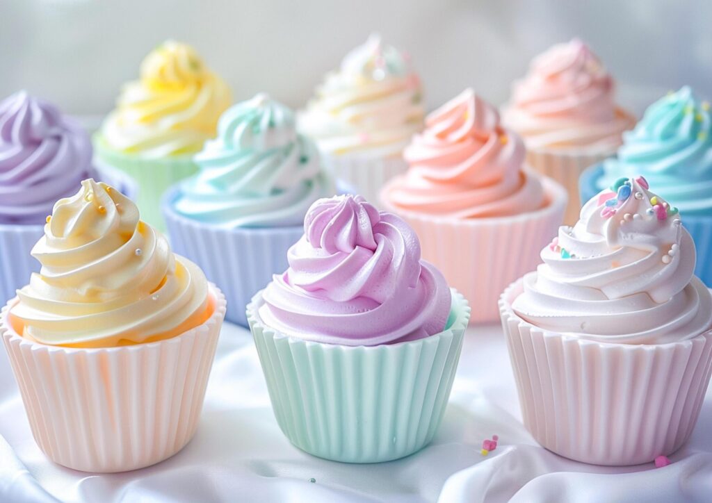 Colorful pastel cupcakes with cream generated by AI. Free Photo