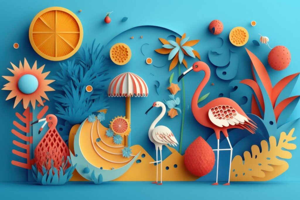 Colorful Summer festive time background in paper craft style. Free Photo