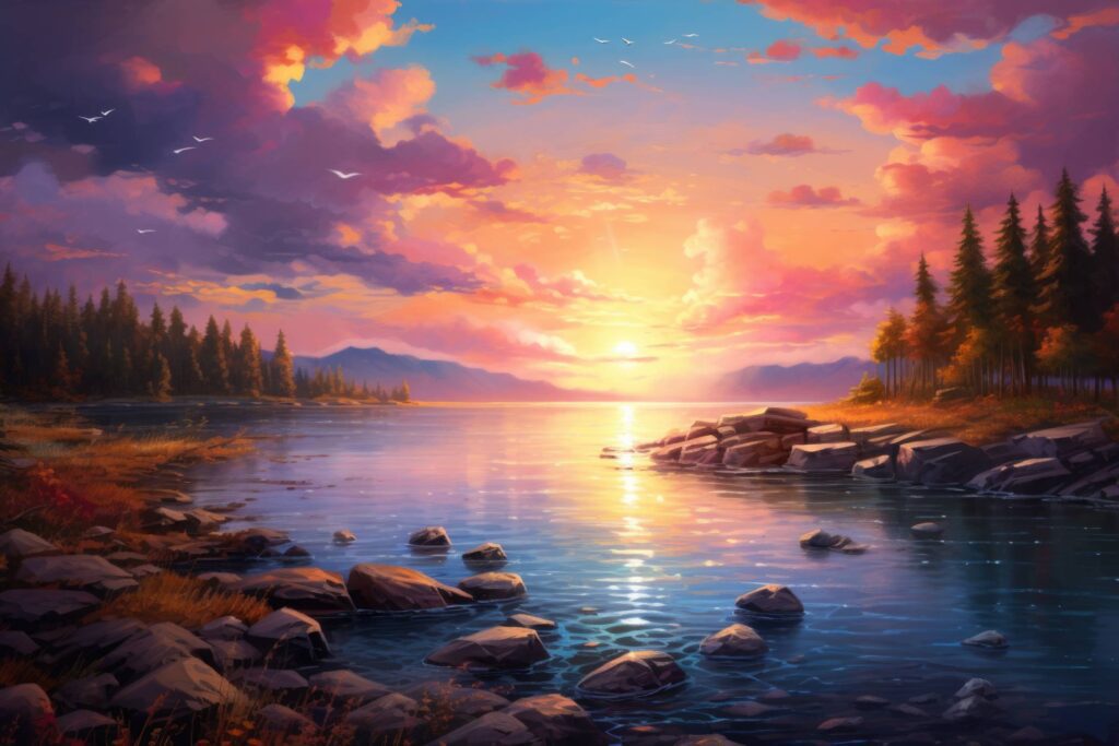 Colorful Sunset Lake Scenery Painting Stock Free