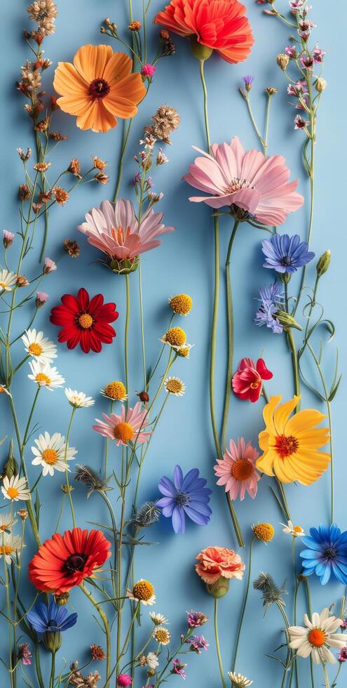 Colorful Wildflowers Arranged Against A Light Blue Background Stock Free