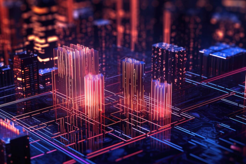 Computer Chip Connections Visualized as City Skyscrapers Stock Free