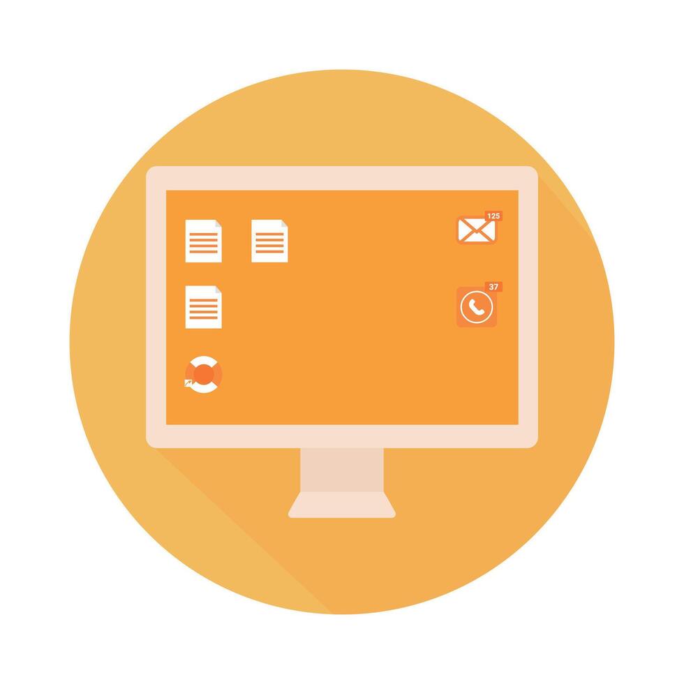 Computer icon in flat style on round yellow background. illustration Stock Free