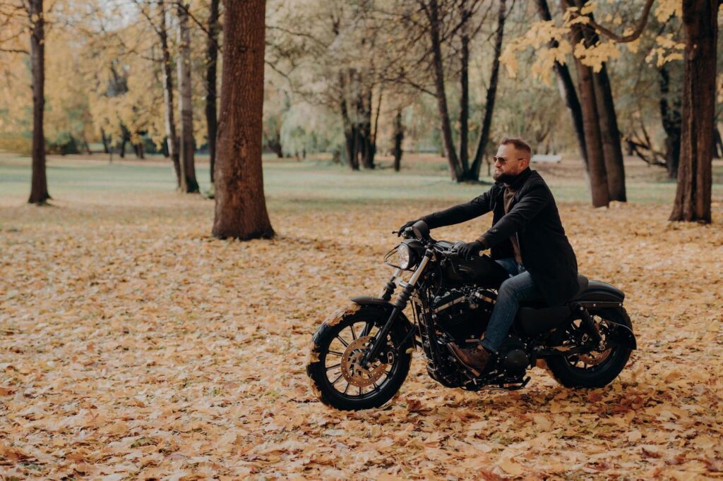 Confident male biker sits on motorbike, enjoys traveling on own transport, wears protective sunglasses, comfortable clothes, rides through trees in autumn park. Fall season, hobby, lifestyle Stock Free