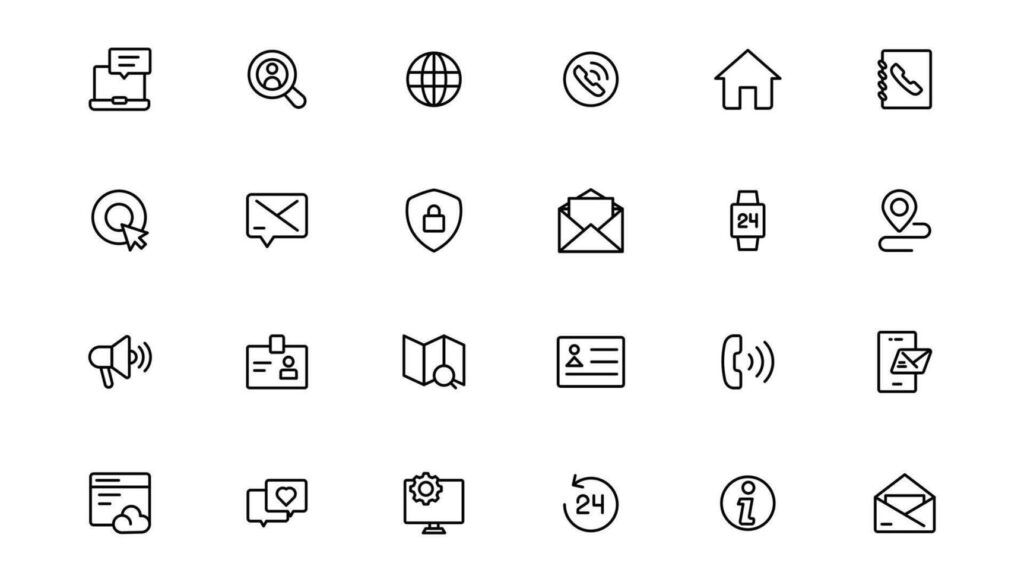 Contact icon set. Thin line Contact icons set. Contact symbols – Phone, mail, fax, info, e-mail, support.Out line icon. Stock Free