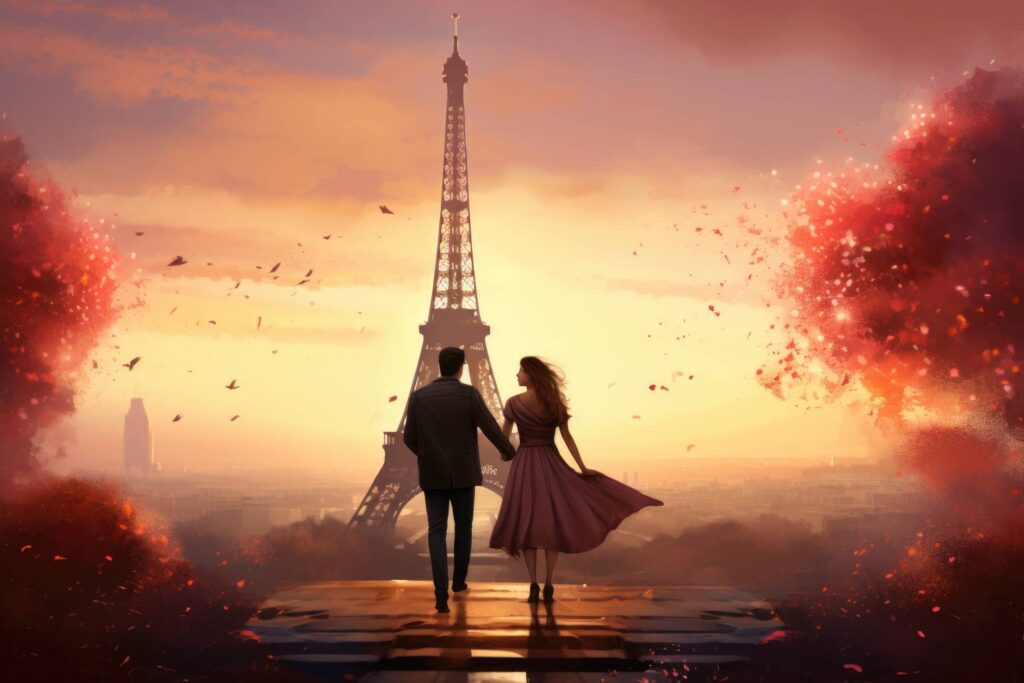 Couple in Love Walking in Paris to Eiffel Tower Stock Free