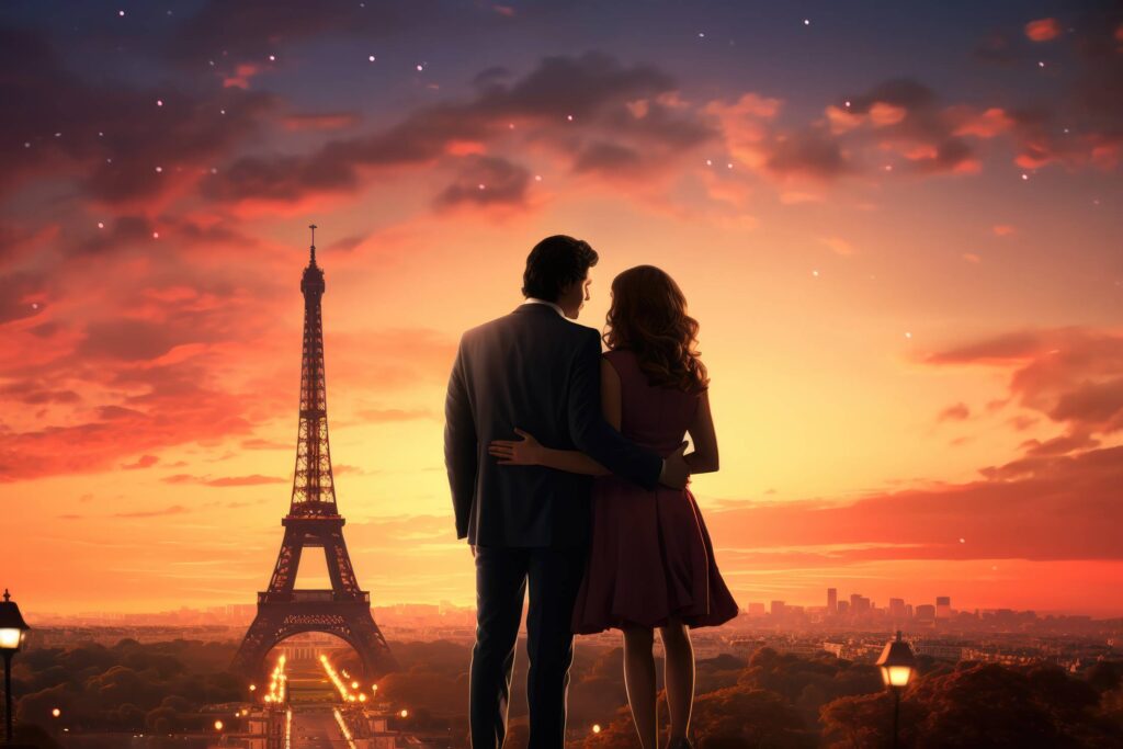 Couple in Love Watching Romantic Sunset behind Eiffel Tower in Paris Stock Free