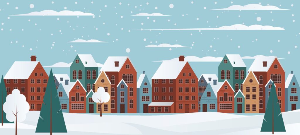 Cozy charming winter panorama of a small town with houses, trees, and snow. Vector illustration for Christmas cards and greetings. Winter magic with its snowy landscape. Not . Free Vector and Free SVG