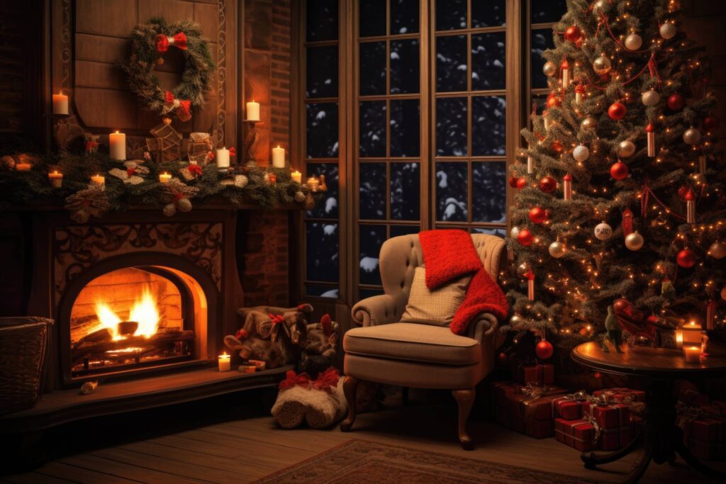 Cozy Christmas Living Room with Fireplace at Night Stock Free