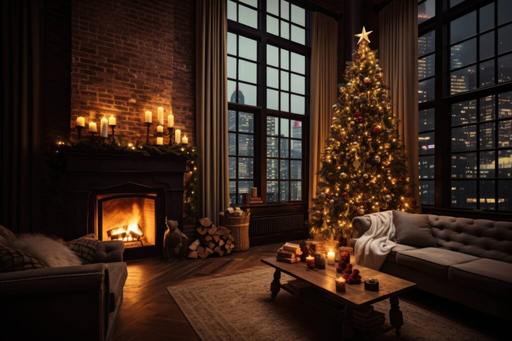 Cozy Loft Living Room with Big Christmas Tree Stock Free