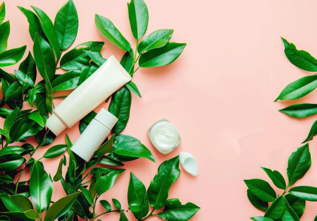 Cream Bottle Surrounded by Green Leaves on Pink Background Stock Free