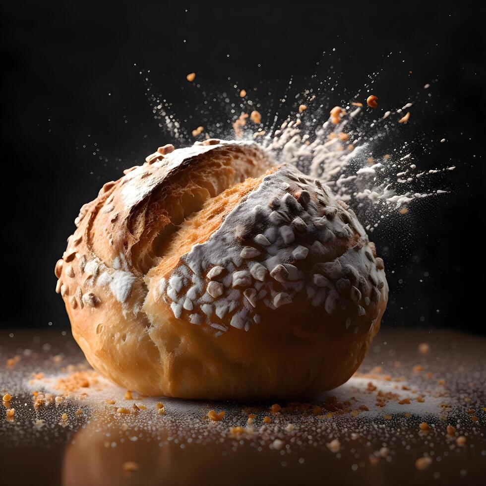 Cream puff sprinkled with powdered sugar on a black background. Selective focus., Image Stock Free