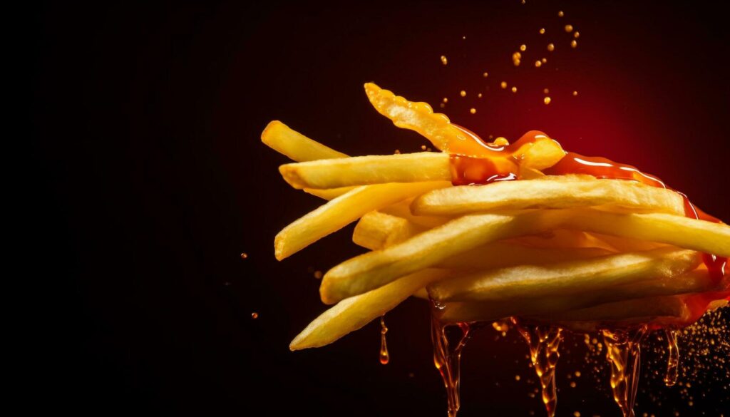 
									Crunchy golden fries, deep fried to perfection in fast food restaurant generated by AI Stock Free