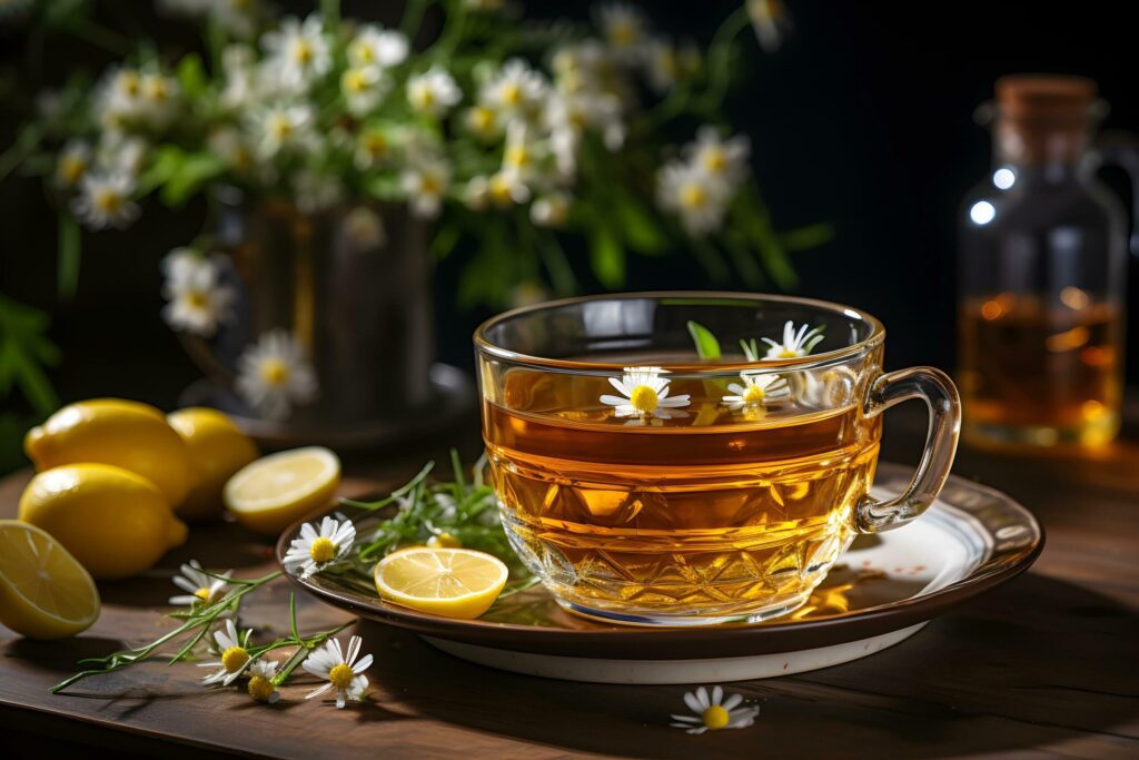 Cup of aromatic chamomile tea with fresh flowers and lemon slices on the table. Organic and natural, herbal hot healthy beverage. AI Generative Free Photo