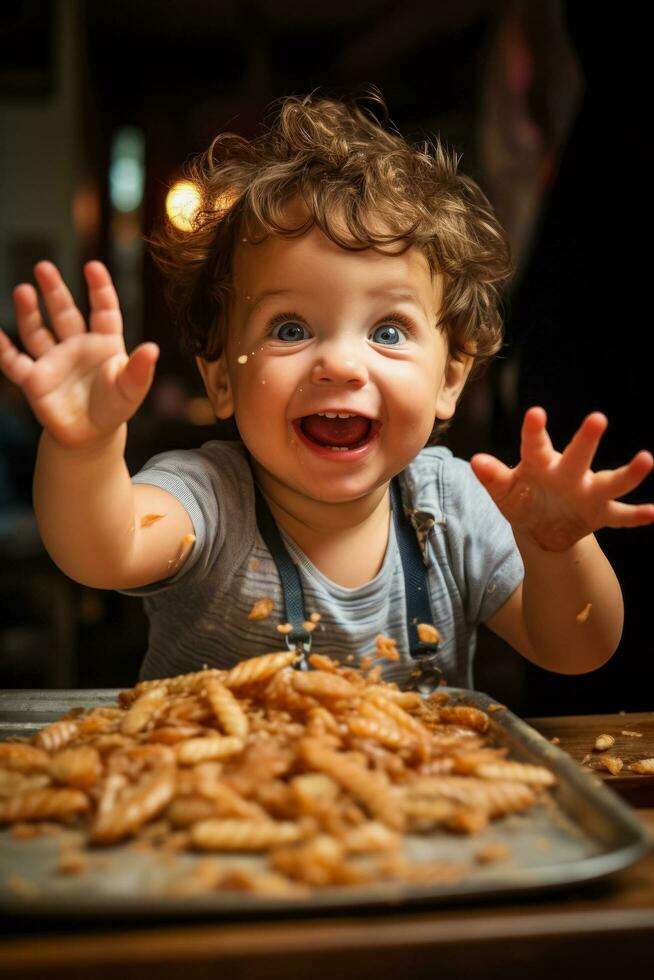 Curious baby with messy hands and a delighted expression exploring the taste and texture of various finger foods Stock Free