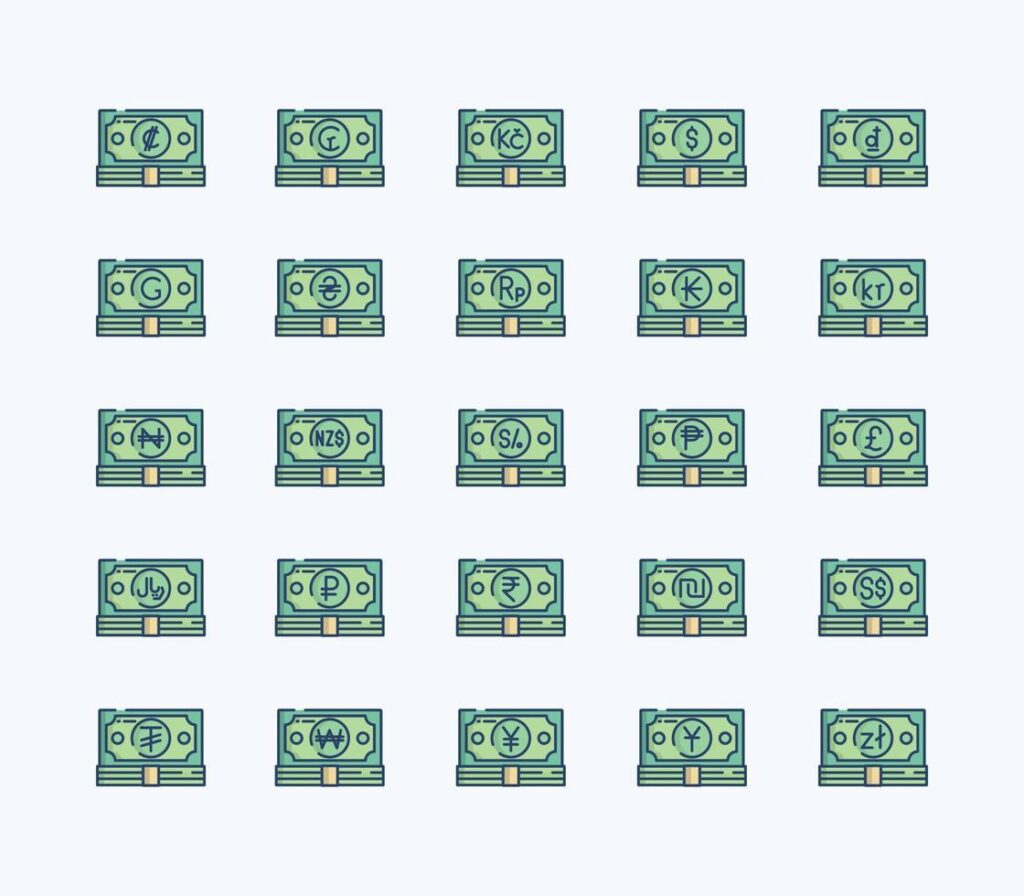 Currency linear coloured icon set Stock Free