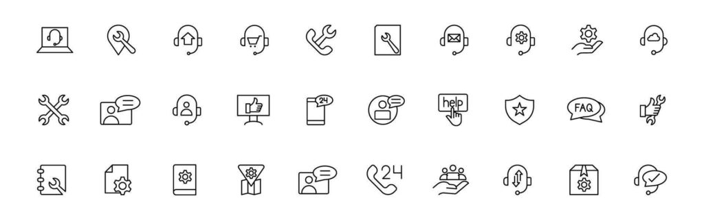 Customer service icon set. Containing customer satisfied, assistance, experience, feedback, operator and technical support icons. Thin outline icons pack. Stock Free