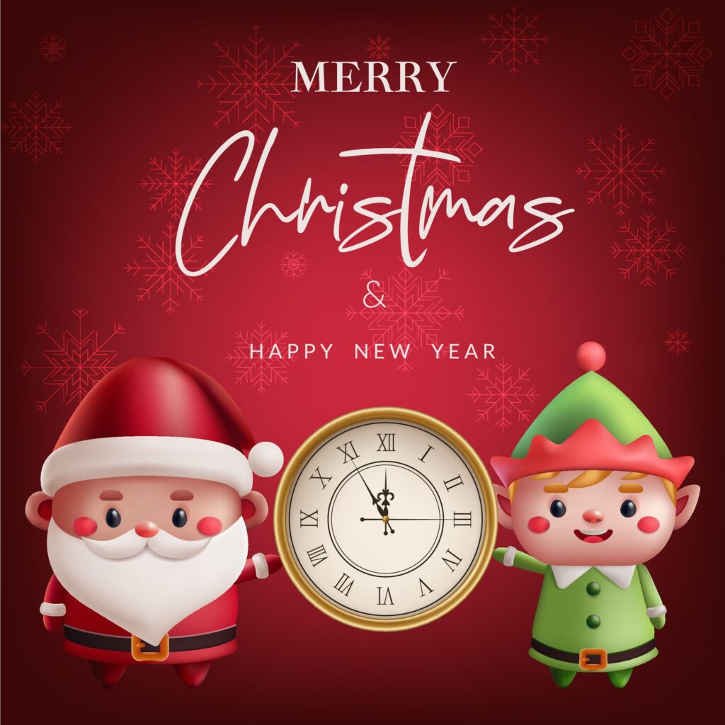 Cute 3D Santa and elf illustration with a clock for New Year and Christmas. Happy characters in festive red banner. Ideal for holiday greetings and decorations. Not . Free Vector