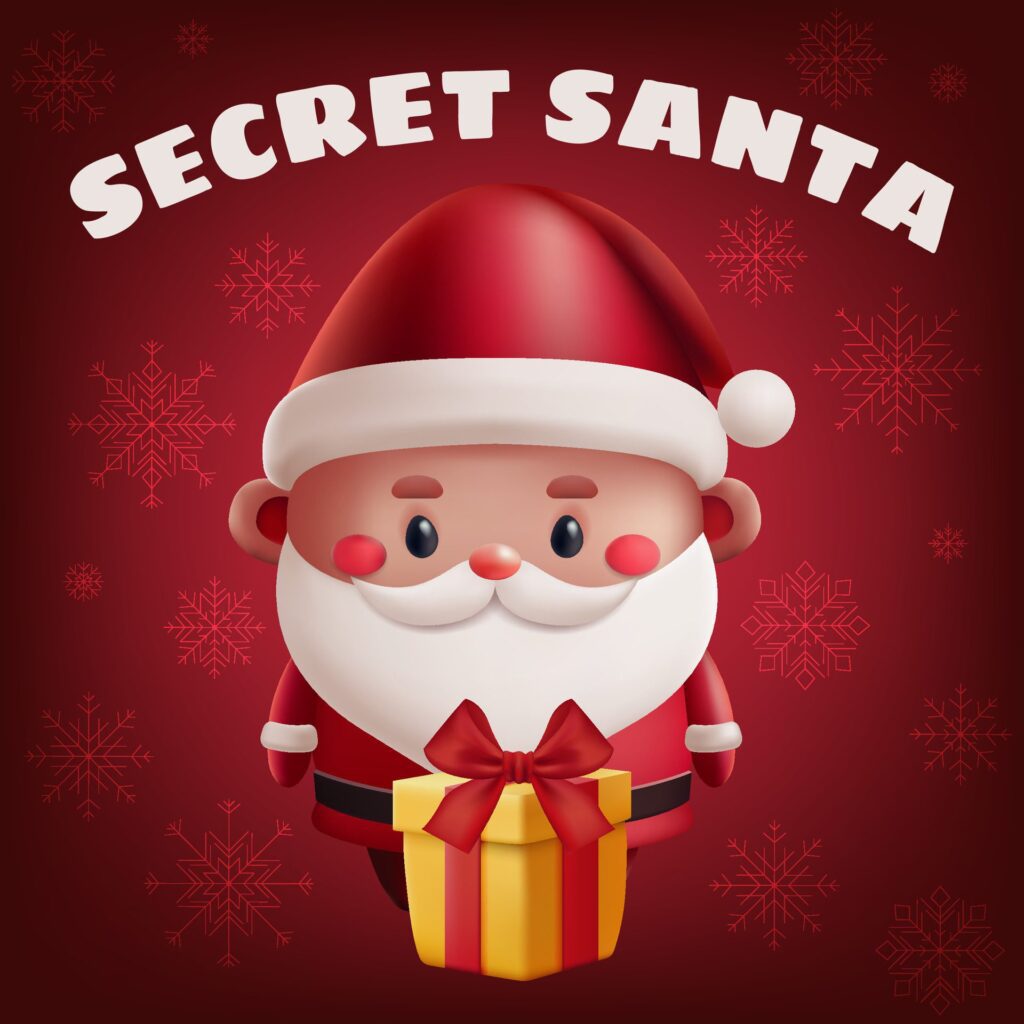 Cute 3D Secret Santa Claus illustration with a gift for Christmas. Happy holiday banner with festive design, perfect for greetings and invitations. Not . Free Vector