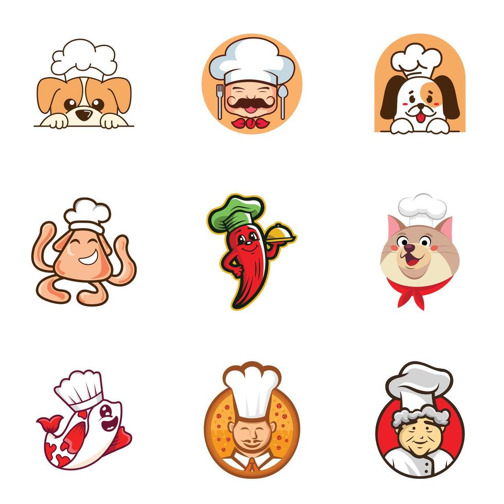 Cute animal Chef food Cartoon Restaurant logo set Vector Icon Illustration. Animal Food Icon Concept Isolated Premium Vector. Flat Cartoon Style Stock Free