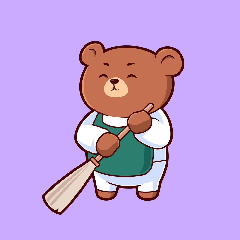 Cute bear cleaning with broomstick icon vector illustration. Flat design cartoon mascot vector. Stock Free