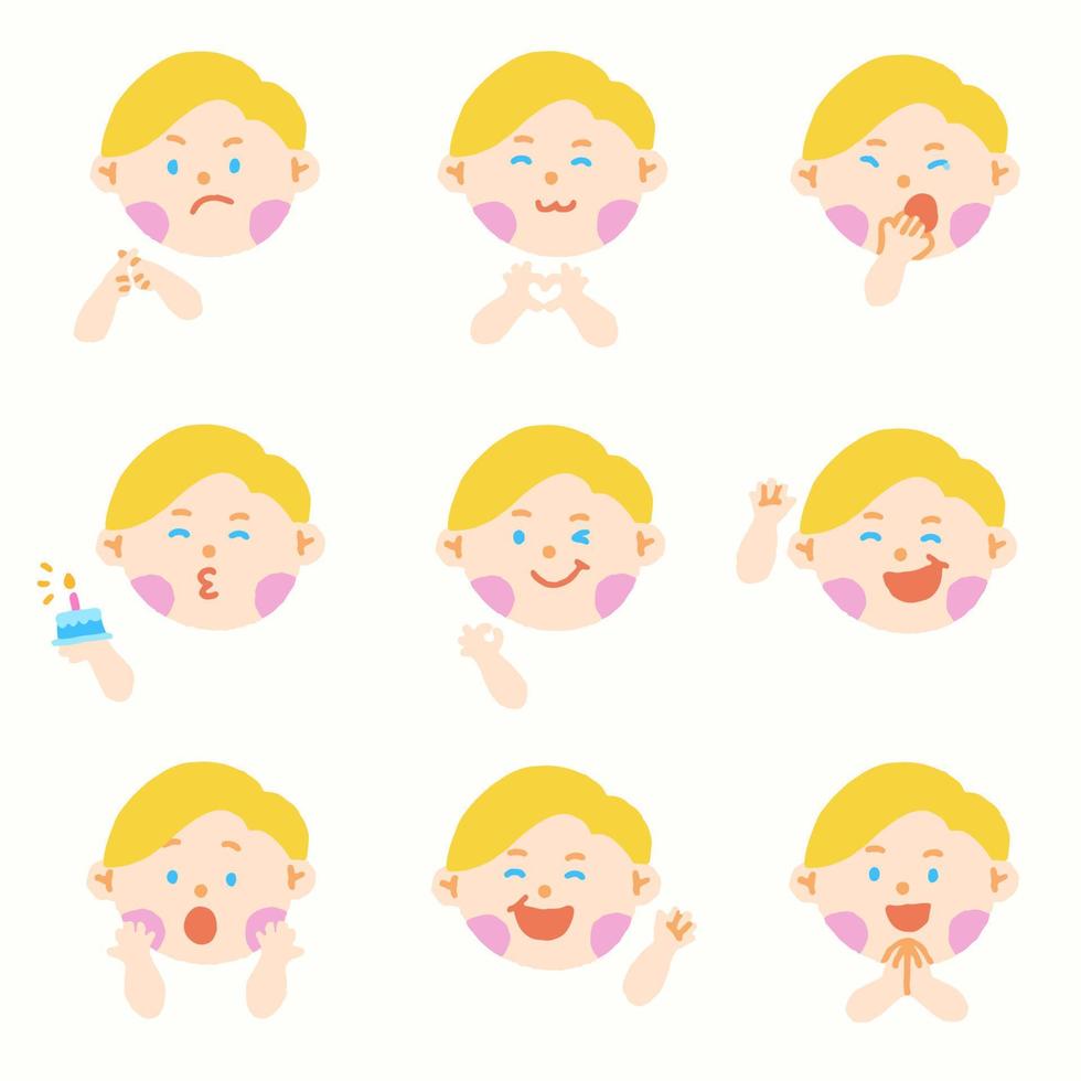 Cute Blond Hair Blue Eye Boy Kids Children Different Expression Emotions Emotional Emoticon Hand Doodle Character Feelings Faces Collection Set Icon Vector illustration Stock Free