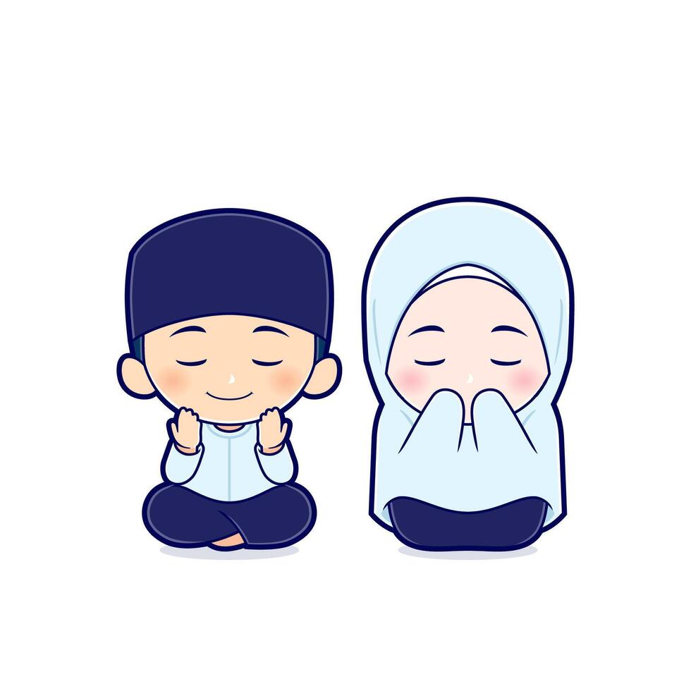 Cute boy and girl moslem sitting and praying. Religion concept icon flat style illustration. Ramadhan cartoon vector mascot character isolated on white background Stock Free