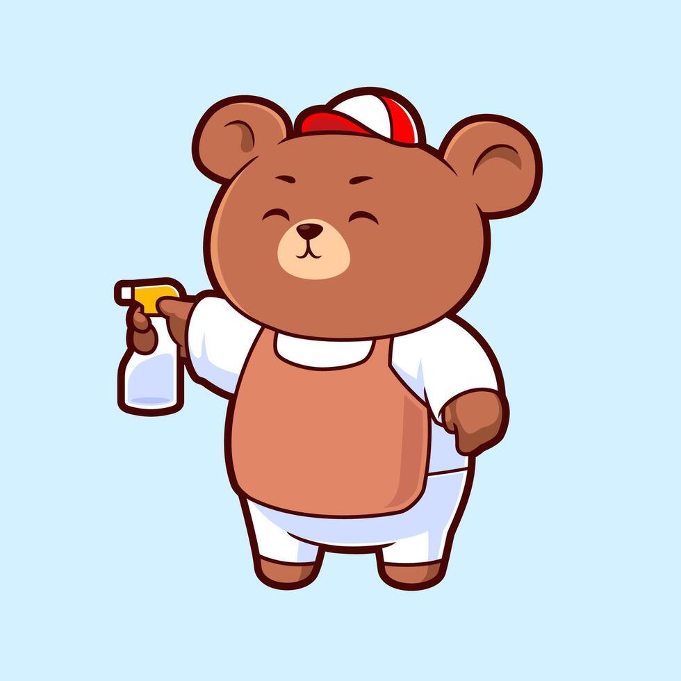 Cute Brown Teddy Bear Holding Cleaning spray Cartoon Vector Mascot Illustration. Flat Cartoon Style Animal Occupation Icon Concept Vector. Stock Free