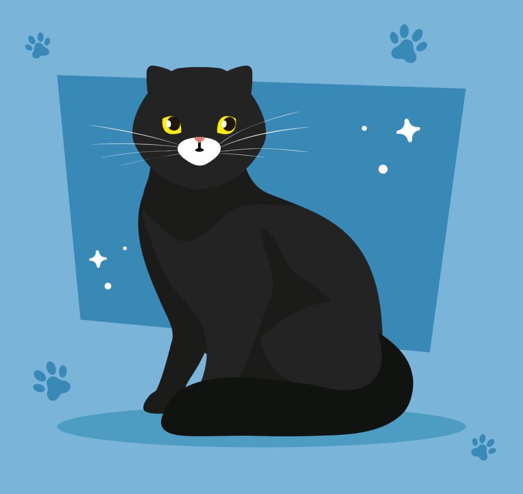 cute cat black in background blue with pawprints Free Vector