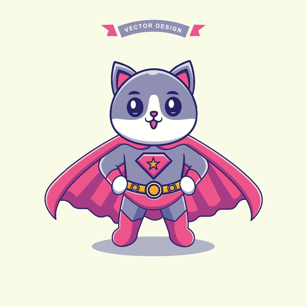 Cute Cat Superhero Flat Cartoon Style Illustration. Premium Vector Animal Nature Isolated Icon Concept. Stock Free