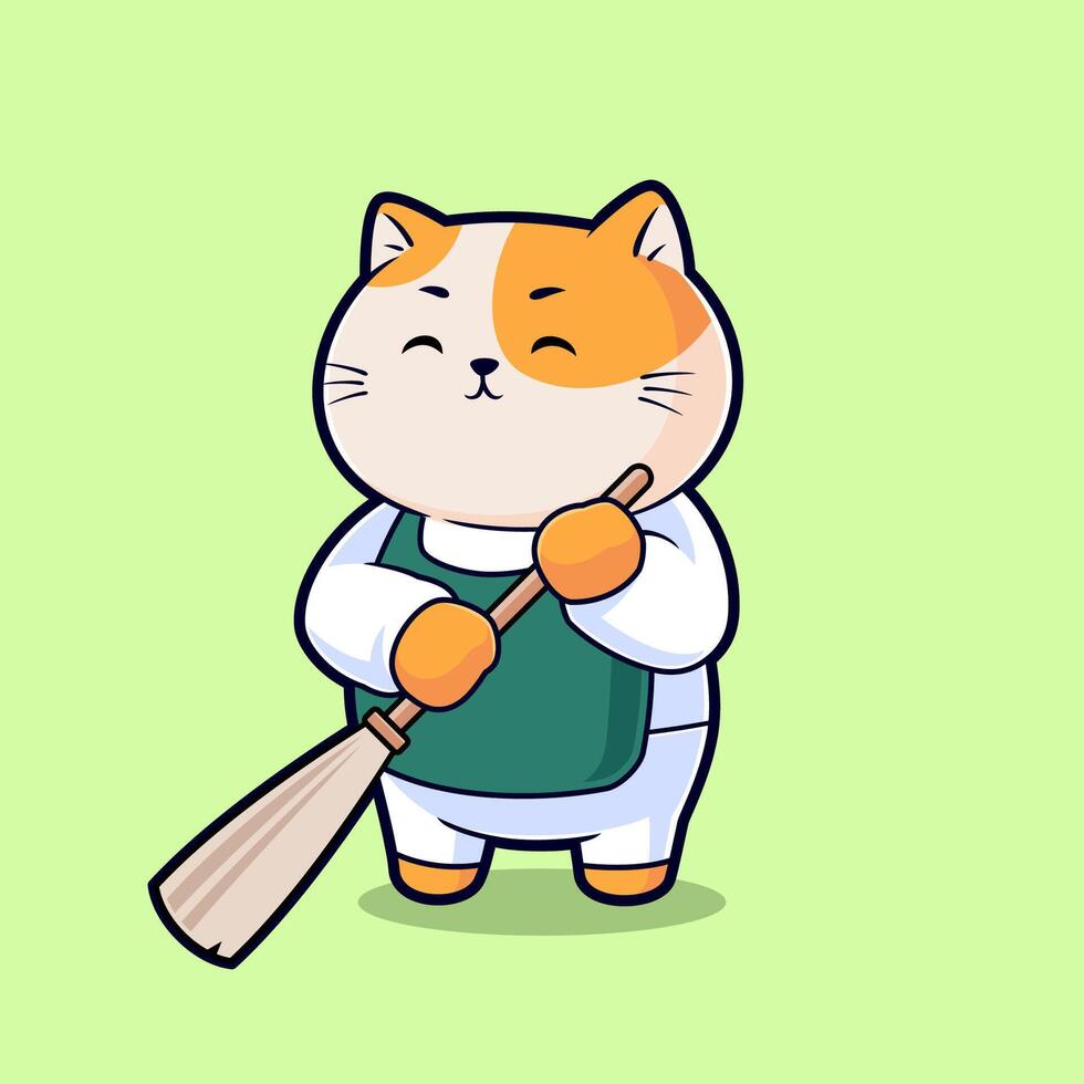 Cute cats cleaning with broomstick icon vector illustration. Flat design cartoon mascot vector. Stock Free