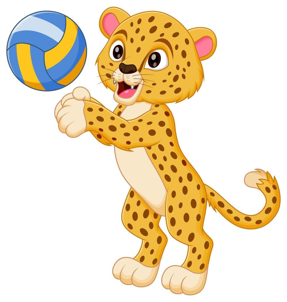 Cute Cheetah Cartoon Playing Volleyball Vector Illustration. Animal Nature Icon Concept Isolated Premium Vector Stock Free