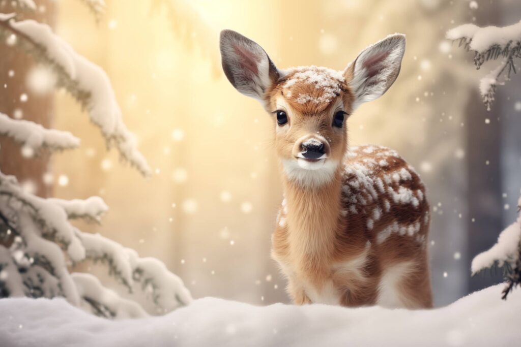 Cute Fawn Portrait in Snowy Forest Stock Free